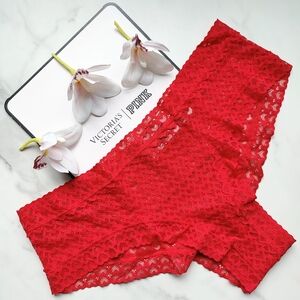 NWT PINK VICTORIA'S SECRET WINK HEART LACE CHEEKY PANTY IN RED PEPPER SIZE LARGE